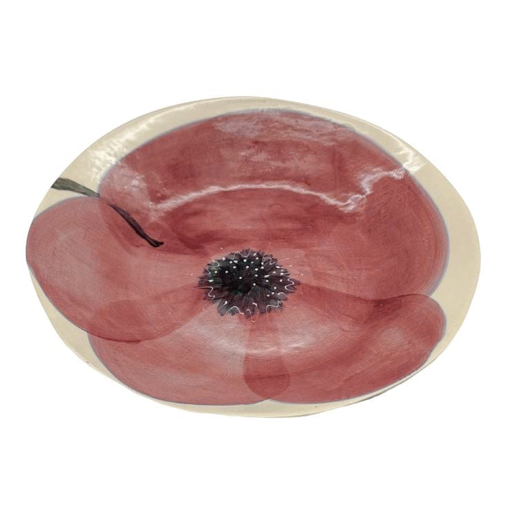 Eclectic Wonki Ware oval stoneware bowl featuring a hand-painted red poppy motif on a cream glazed background.