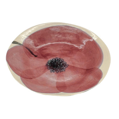Eclectic Wonki Ware oval stoneware bowl featuring a hand-painted red poppy motif on a cream glazed background.