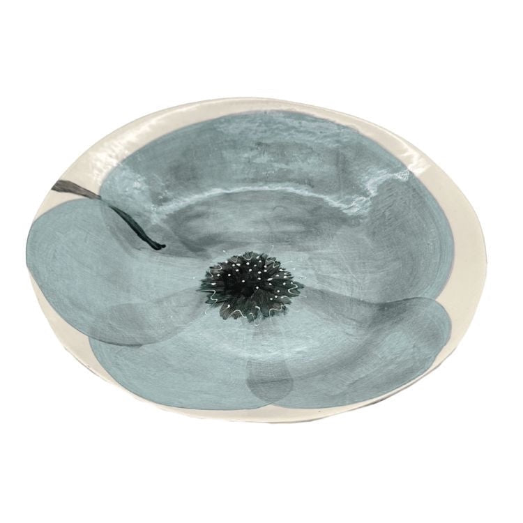Eclectic Wonki Ware oval stoneware bowl featuring a hand-painted blue poppy motif on a cream background.