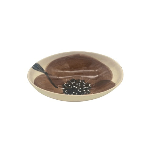 Eclectic Wonki Ware oval stoneware bowl featuring a hand-painted brown poppy motif on a cream glazed surface.