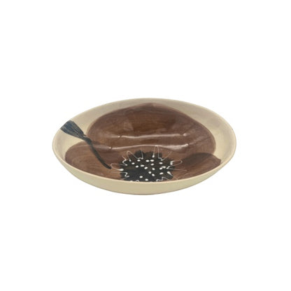 Eclectic Wonki Ware oval stoneware bowl featuring a hand-painted brown poppy motif on a cream glazed surface.