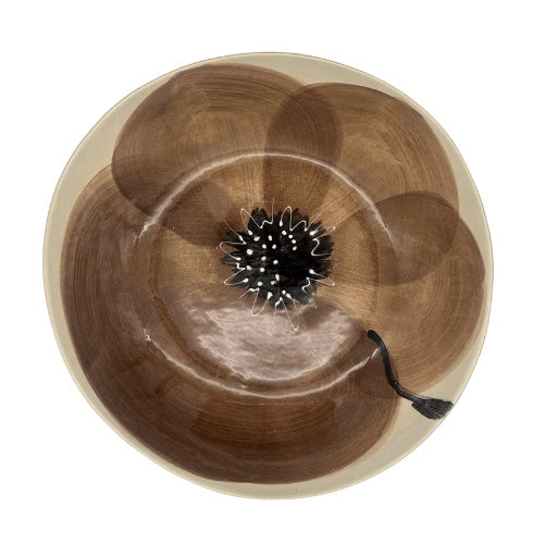 Eclectic Wonki Ware Poppy Collection handcrafted pottery salad bowl with brown hand-painted floral pattern