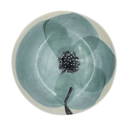 Eclectic Wonki Ware handcrafted pottery salad bowl featuring a hand-painted green poppy flower design on cream clay.
