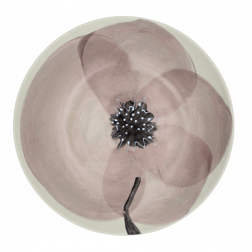 Eclectic Wonki Ware Poppy Collection handcrafted pottery salad bowl with a hand-painted soft brown floral design.
