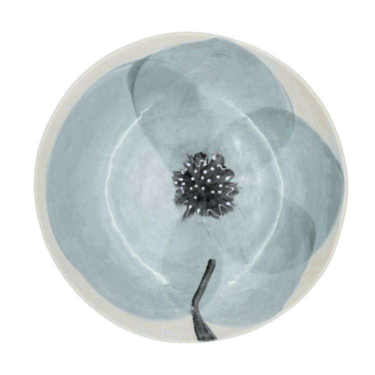 Eclectic Wonki Ware Poppy Collection handcrafted pottery salad bowl with a hand-painted blue floral design