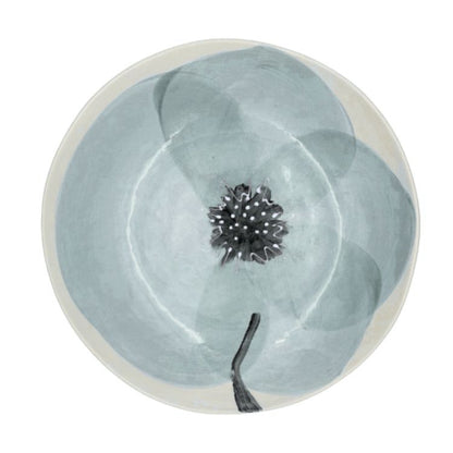 Eclectic Wonki Ware Poppy Collection handcrafted pottery salad bowl with a hand-painted blue floral design