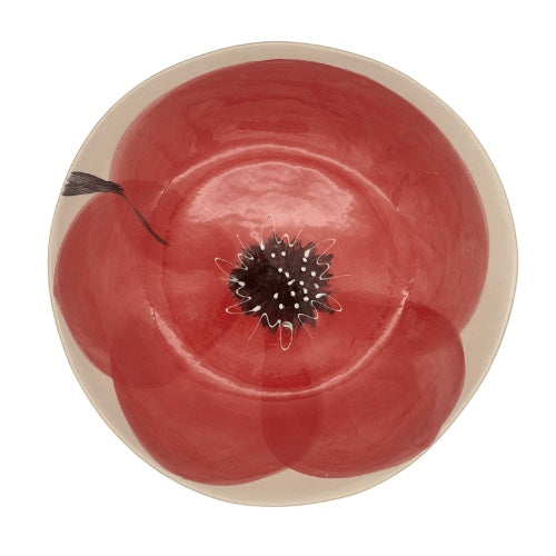 Eclectic Wonki Ware handcrafted pottery salad bowl featuring a hand-painted red poppy flower design on a cream base.