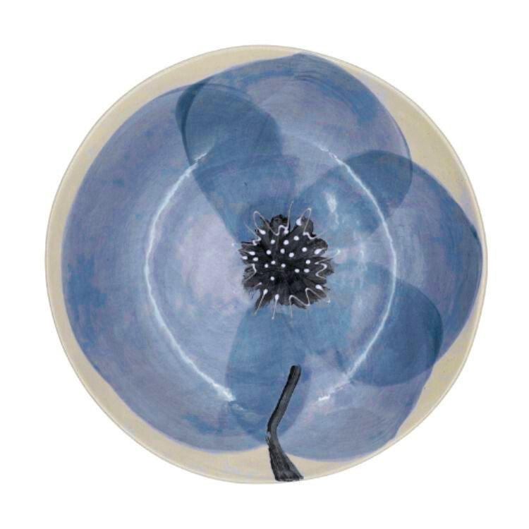 Eclectic Wonki Ware handcrafted pottery salad bowl featuring a hand-painted blue poppy flower design on a cream base.