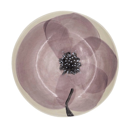 Eclectic Wonki Ware handcrafted pottery salad bowl featuring a hand-painted mauve poppy flower design on cream clay.