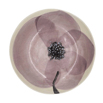 Eclectic Wonki Ware handcrafted pottery salad bowl featuring a hand-painted mauve poppy flower design on cream clay.