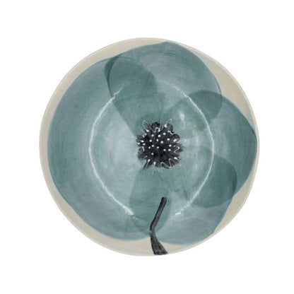 Eclectic Wonki Ware large spaghetti bowl from the Poppy Collection featuring a hand-painted teal poppy on cream clay.