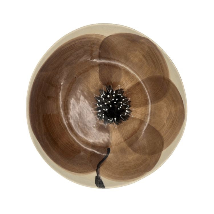 Eclectic Wonki Ware Poppy Collection large handmade pottery spaghetti bowl with a brown hand-painted floral motif.