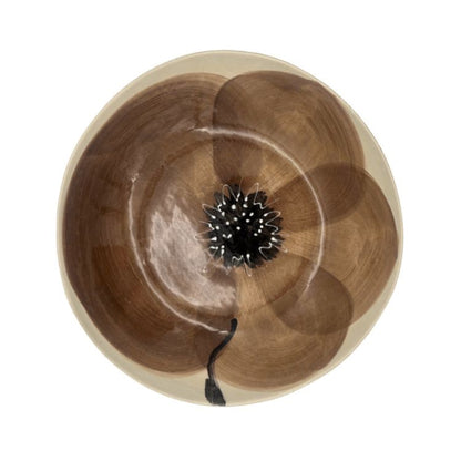 Eclectic Wonki Ware Poppy Collection large handmade pottery spaghetti bowl with a brown hand-painted floral motif.