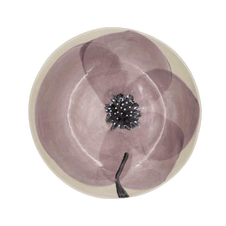 Eclectic Wonki Ware Poppy Collection large handmade pottery spaghetti bowl with a hand-painted purple poppy motif.