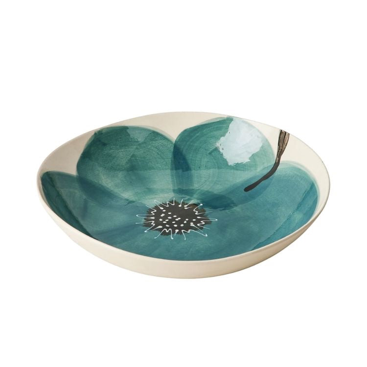 Eclectic Wonki Ware Poppy Collection large spaghetti bowl in cream pottery with a hand-painted teal poppy motif.