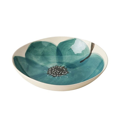 Eclectic Wonki Ware Poppy Collection large spaghetti bowl in cream pottery with a hand-painted teal poppy motif.