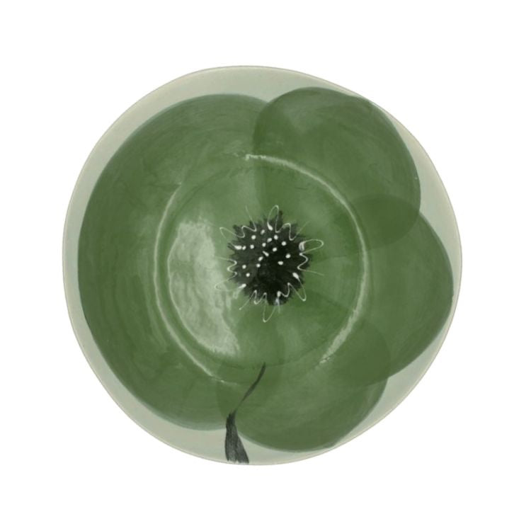Eclectic Wonki Ware Poppy Collection large handmade pottery spaghetti bowl with a green hand-painted floral motif.