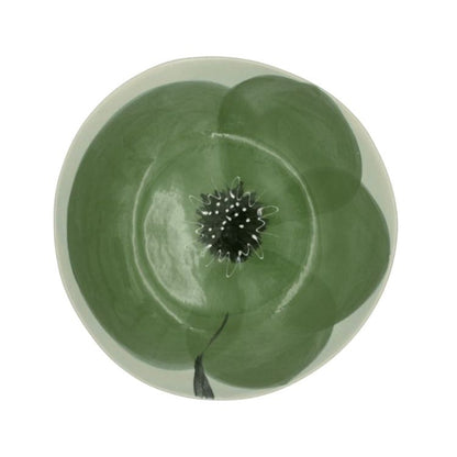 Eclectic Wonki Ware Poppy Collection large handmade pottery spaghetti bowl with a green hand-painted floral motif.