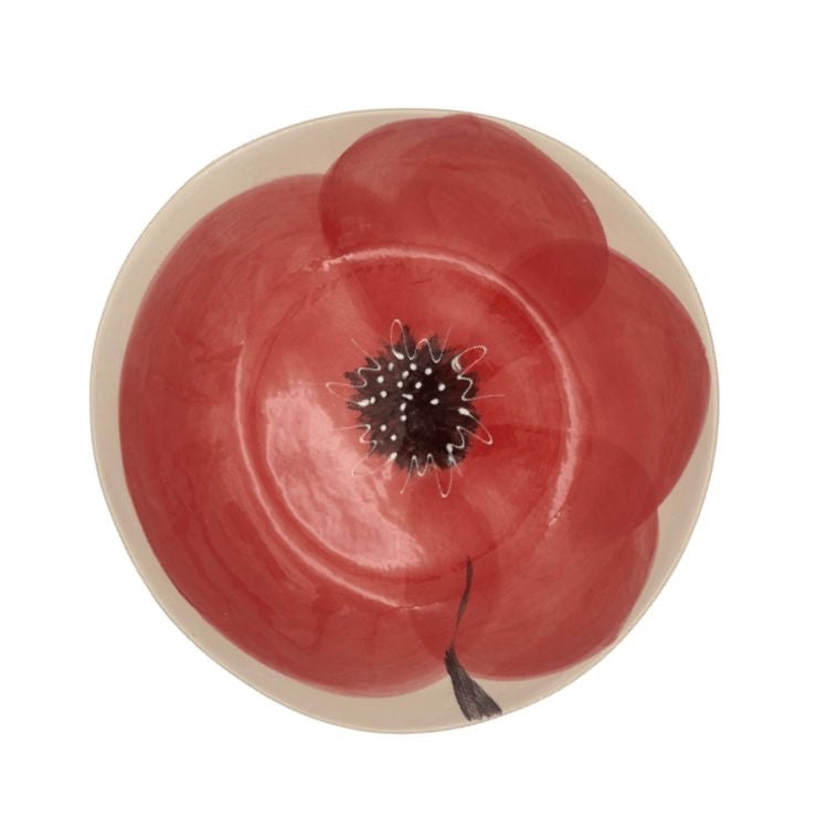 Eclectic Wonki Ware Poppy Collection large spaghetti bowl with a hand-painted red poppy motif on a cream ceramic base.