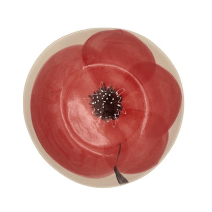 Eclectic Wonki Ware Poppy Collection large spaghetti bowl with a hand-painted red poppy motif on a cream ceramic base.