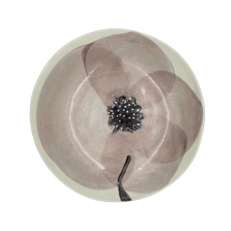 Eclectic Wonki Ware Poppy Collection large handmade pottery spaghetti bowl with a hand-painted floral motif.
