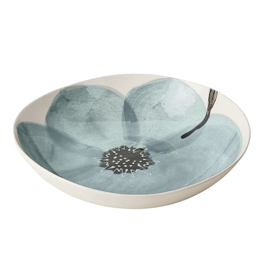 Eclectic Wonki Ware Poppy Collection large handmade pottery spaghetti bowl with a blue hand-painted floral motif.