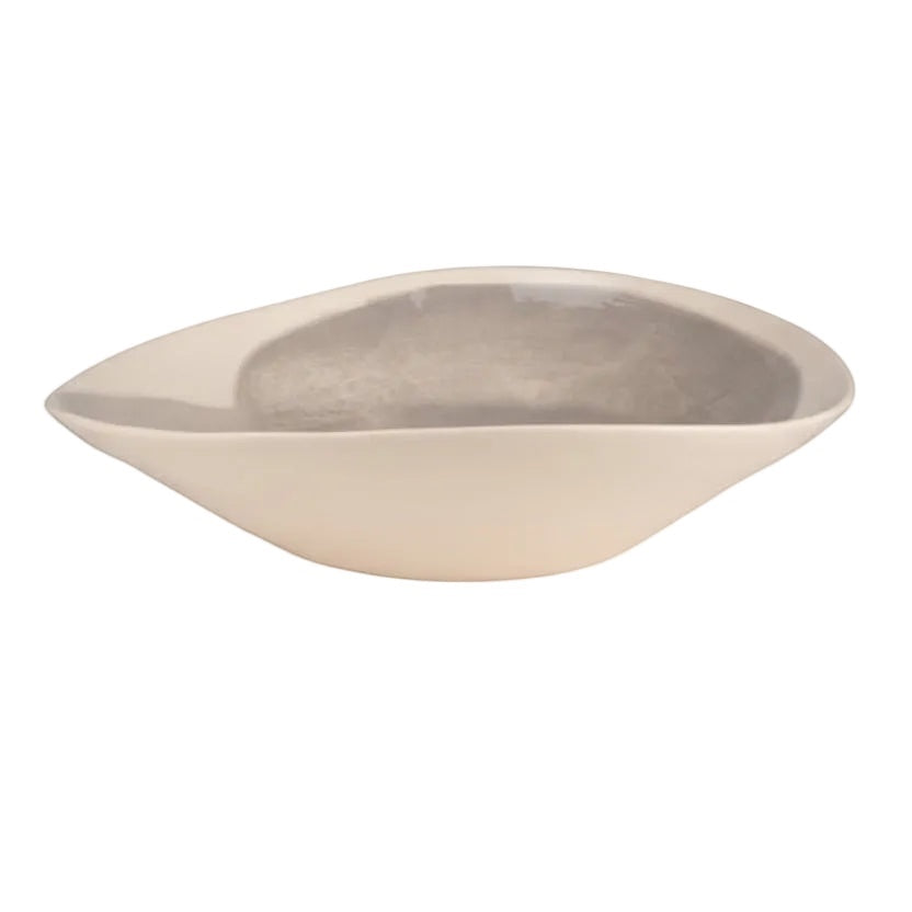 Eclectic Wonki Ware handcrafted pottery salad bowl with an organic asymmetrical shape and smooth cream glaze finish.