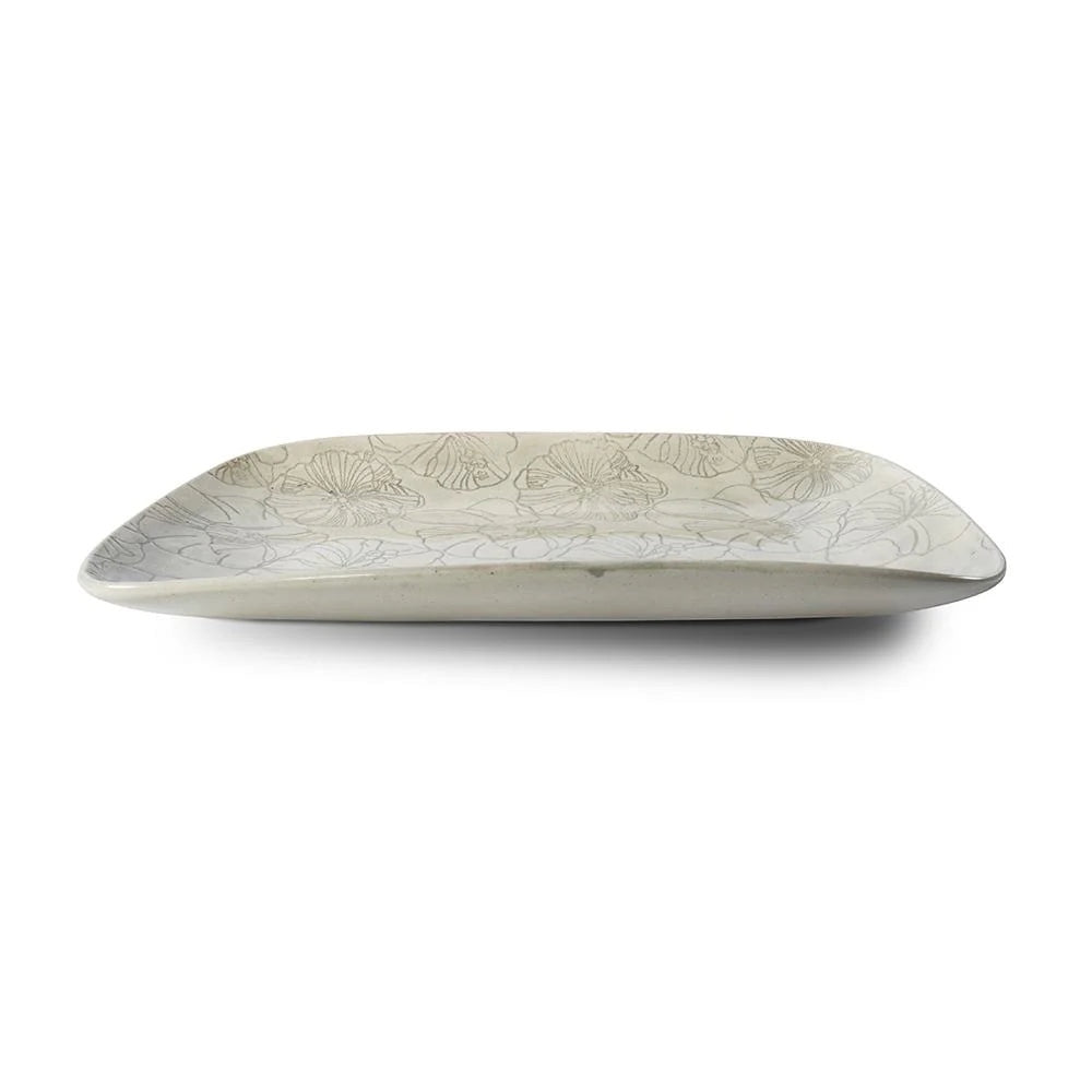 Eclectic Wonki Ware rectangular stoneware roasting platter with a delicate hand-impressed lace floral pattern