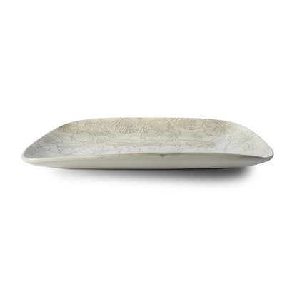 Eclectic Wonki Ware rectangular stoneware roasting platter with a delicate hand-impressed lace floral pattern
