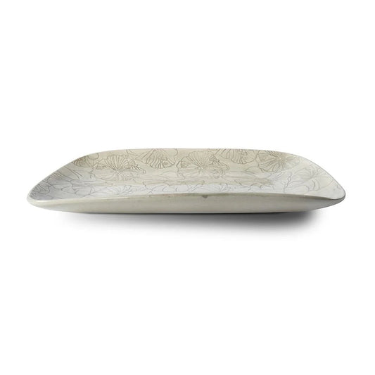 Eclectic Wonki Ware rectangular stoneware roasting platter with a delicate hand-impressed lace floral pattern