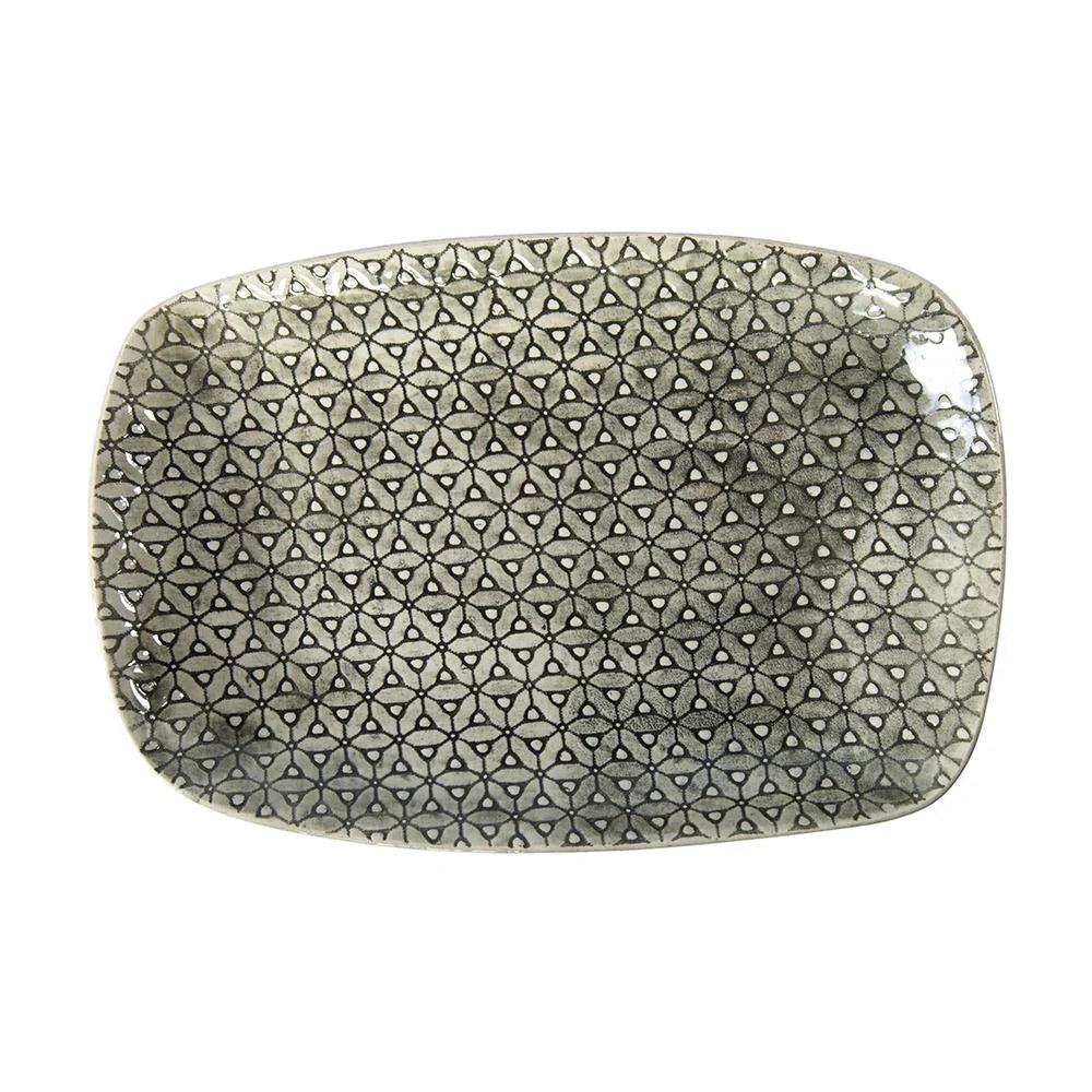 Eclectic Wonki Ware rectangular stoneware roasting platter with a grey hand-impressed lace pattern