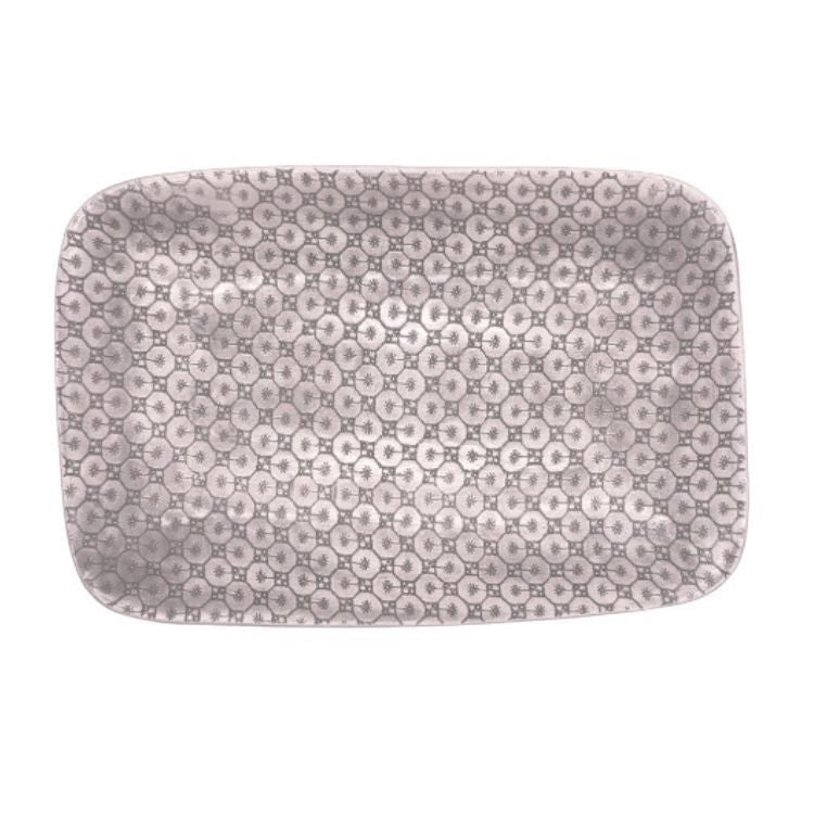 Eclectic Wonki Ware rectangular stoneware roasting platter with a unique hand-impressed lace pattern