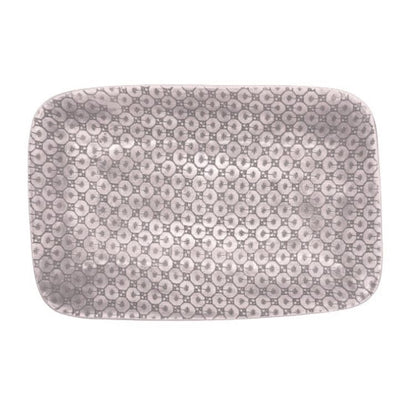 Eclectic Wonki Ware rectangular stoneware roasting platter with a unique hand-impressed lace pattern