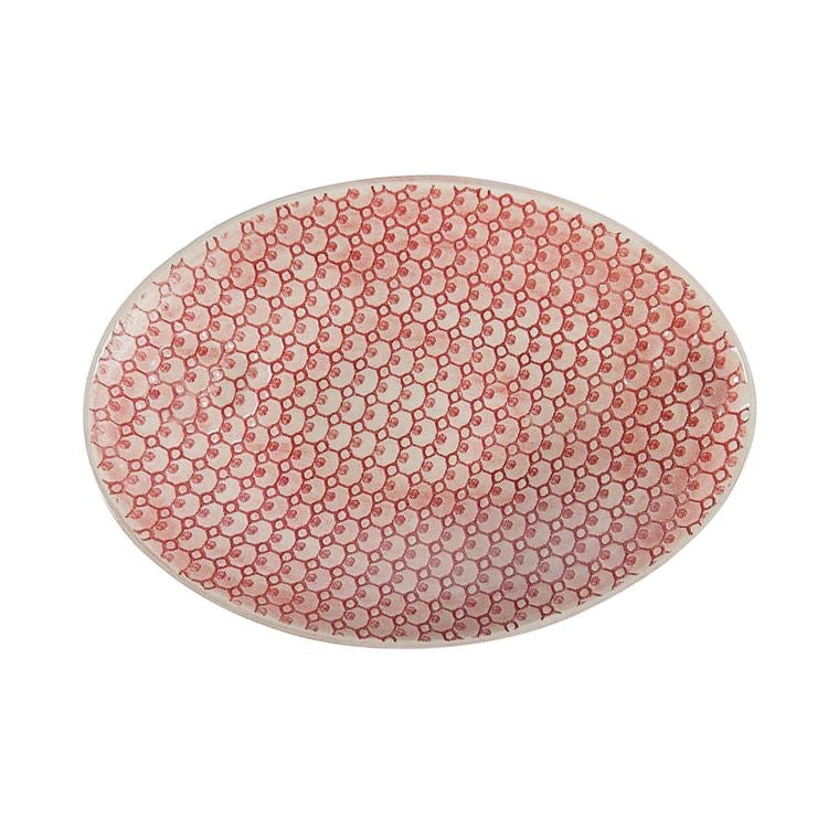 Eclectic Wonki Ware oval stoneware bowl with a red patterned glaze, handcrafted in South Africa.