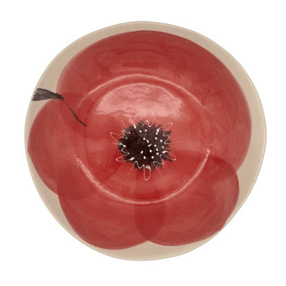 Eclectic Wonki Ware extra large stoneware serving bowl featuring a hand-painted red poppy design on a cream base.