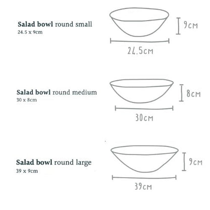 Eclectic Wonki Ware Poppy Collection salad bowl size guide showing dimensions for small, medium, and large bowls.