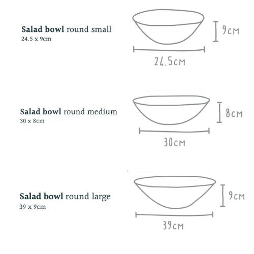 Eclectic Wonki Ware Poppy Collection salad bowl size guide showing dimensions for small, medium, and large bowls.