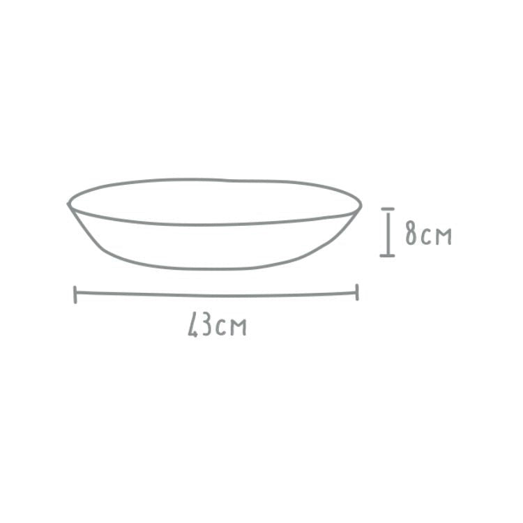 Eclectic Wonki Ware extra large stoneware serving bowl line drawing showing 43cm diameter and 8cm height dimensions.
