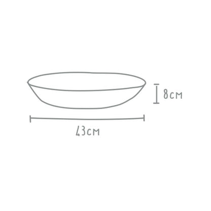 Eclectic Wonki Ware extra large stoneware serving bowl line drawing showing 43cm diameter and 8cm height dimensions.