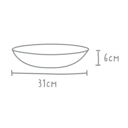 Eclectic Wonki Ware large spaghetti bowl dimensions diagram showing 31cm width and 6cm depth for handmade pottery