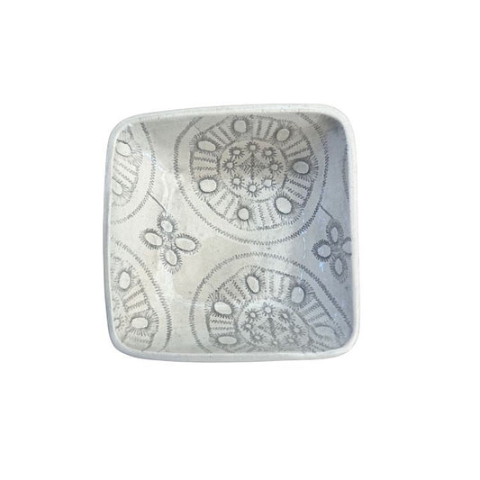 Eclectic Wonki Ware handcrafted square ceramic ramekin with a grey and white stamped floral pattern