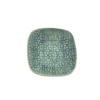 Eclectic Wonki Ware handcrafted square ceramic ramekin featuring a blue and white floral pattern on stoneware.