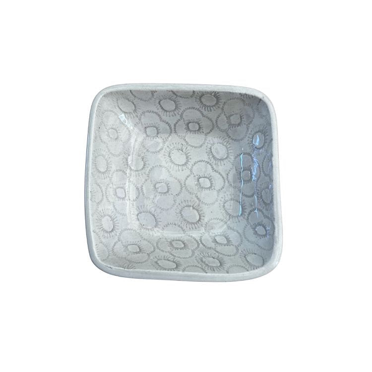 Eclectic Wonki Ware handcrafted square ceramic ramekin in white with a grey floral pattern for serving dips or snacks.
