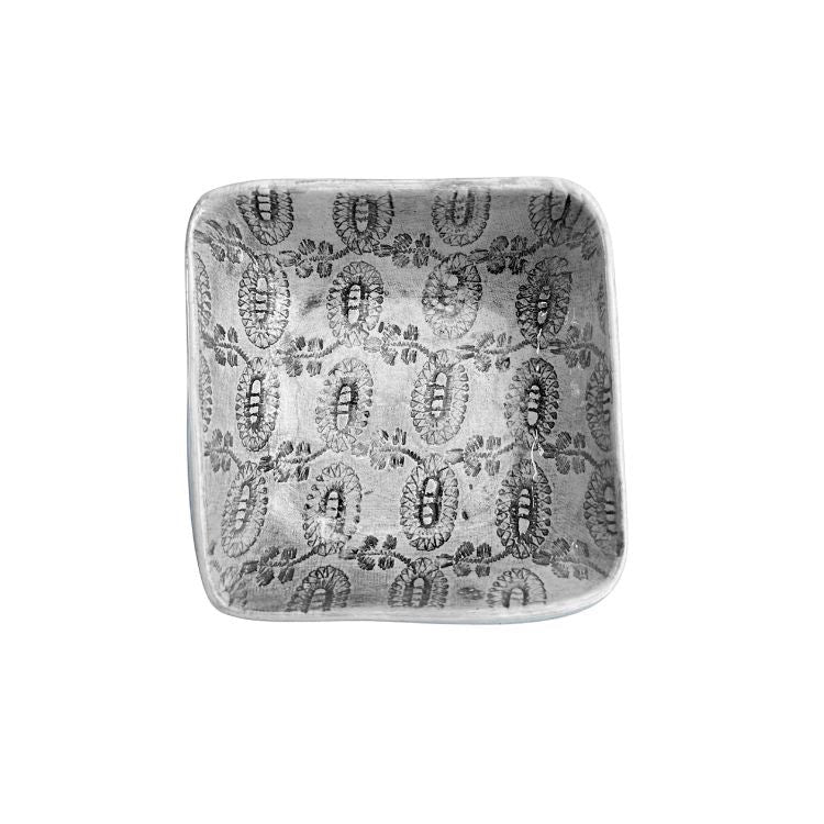 Eclectic Wonki Ware handcrafted square ceramic ramekin with a grey patterned finish for serving dips and small snacks.