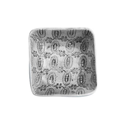 Eclectic Wonki Ware handcrafted square ceramic ramekin with a grey patterned finish for serving dips and small snacks.