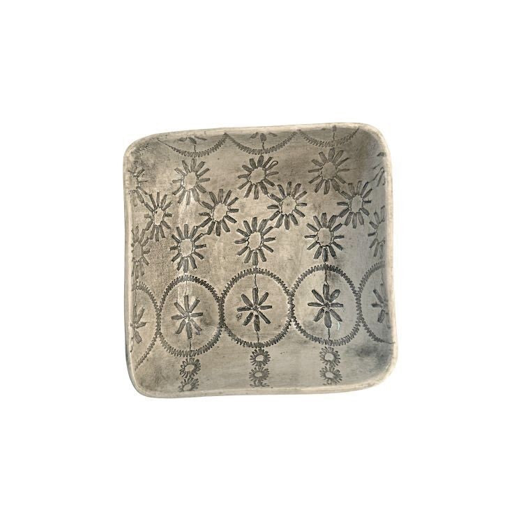 Eclectic Wonki Ware square ceramic ramekin in grey with a hand-stamped floral pattern for serving dips and snacks.