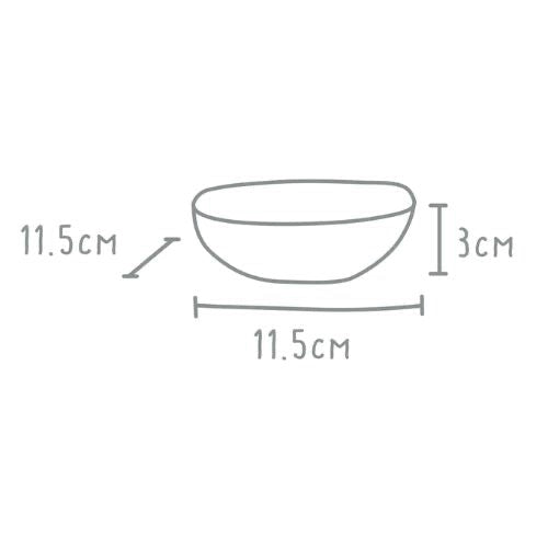 Eclectic Wonki Ware square ramekin dish with 11.5cm by 3cm dimensions shown in a technical line drawing.