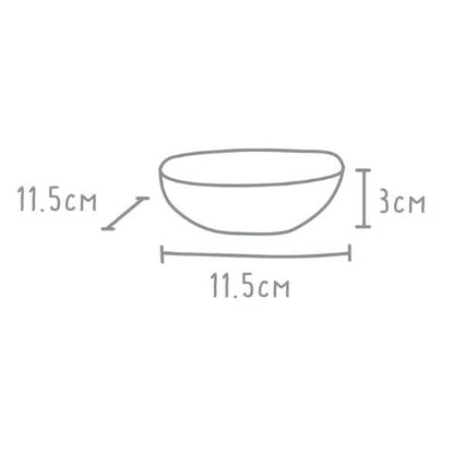 Eclectic Wonki Ware square ramekin dish with 11.5cm by 3cm dimensions shown in a technical line drawing.