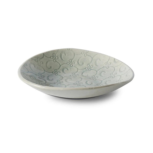 Eclectic Wonki Ware handcrafted stoneware salsa dish with a unique pale blue swirl pattern on a white background.