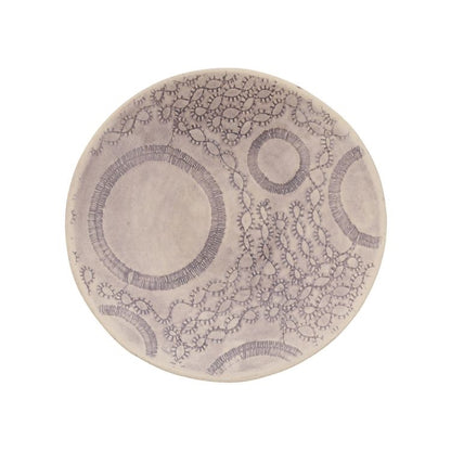 Eclectic Wonki Ware handcrafted stoneware salsa dish with a unique grey patterned design on a white background.